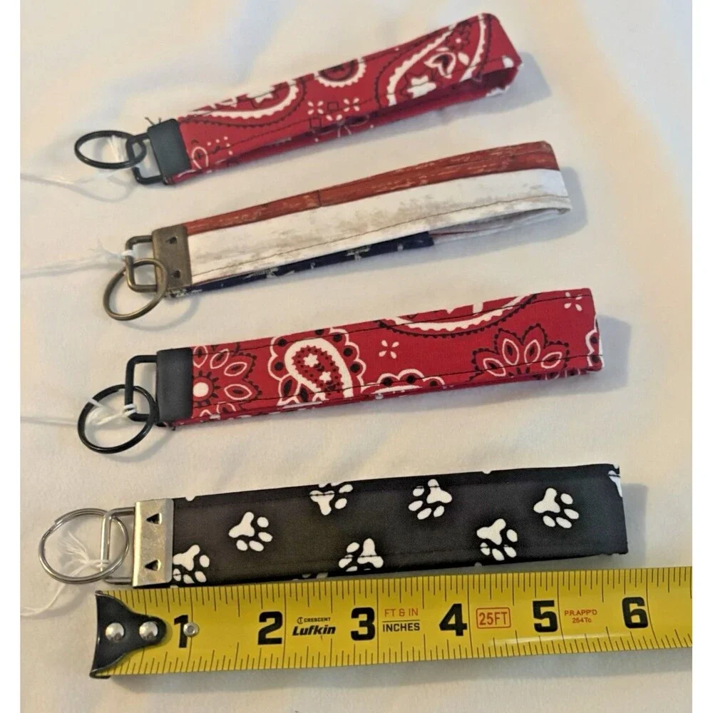 LOT 4 Keychains Wristlets Fabric Paisley Paw Dog Prints Flag Americana Handmade